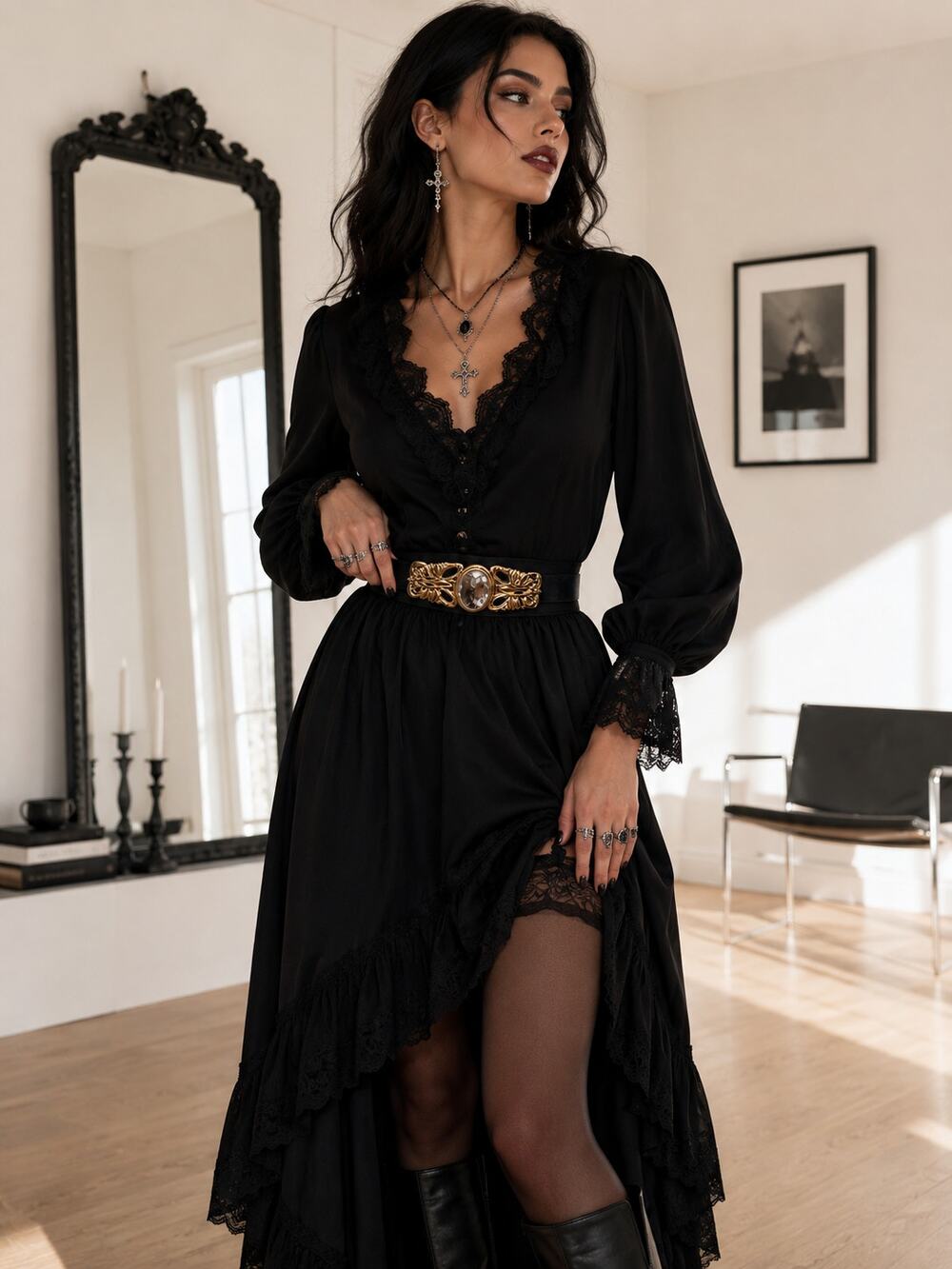 Black Genuine Suede Belt Gold Jeweled Hook Buckle M/L Vintage Waist Belt
